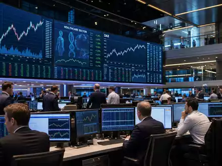 Siemens Healthineers DE000SHL1006 dokumentiert Börsen-Editorial mit Trading-Floor, Healthcare-Charts und DAX-Kursanzeige im Hintergrund - Foto: THN