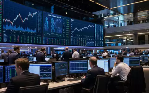 Siemens Healthineers DE000SHL1006 dokumentiert Börsen-Editorial mit Trading-Floor, Healthcare-Charts und DAX-Kursanzeige im Hintergrund - Foto: THN
