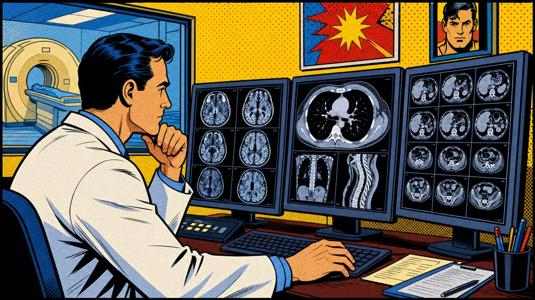Pop-Art-Comic-Illustration eines Radiologen am Arbeitsplatz mit Scan-Bildschirmen