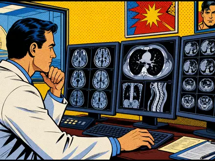 Siemens Healthineers DE000SHL1006 inszeniert Pop-Art-Comic-Szene mit Radiologen am Arbeitsplatz vor mehreren Scan-Bildschirmen - Foto: THN