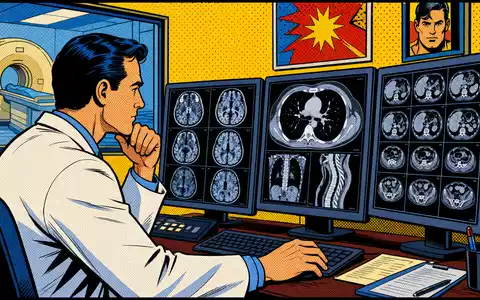 Siemens Healthineers DE000SHL1006 inszeniert Pop-Art-Comic-Szene mit Radiologen am Arbeitsplatz vor mehreren Scan-Bildschirmen - Foto: THN