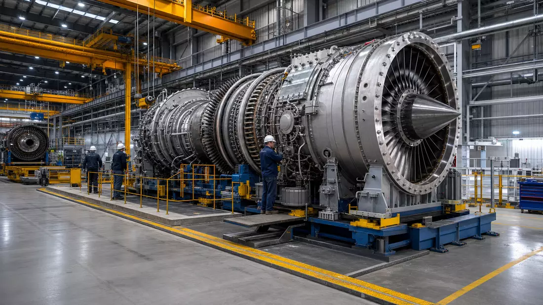 Große Gasturbine wird in einer Werkshalle von Technikern montiert und inspiziert