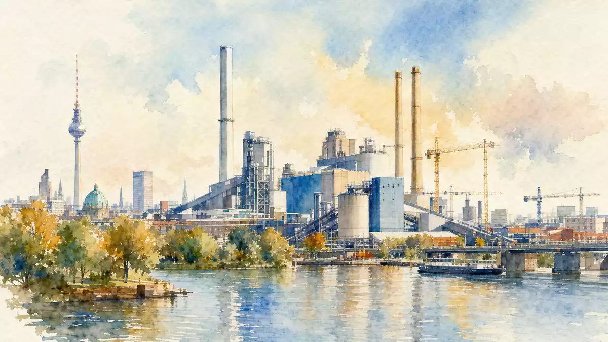 Aquarellmalerei einer Industrieanlage an der Spree mit Berliner Fernsehturm im Hintergrund