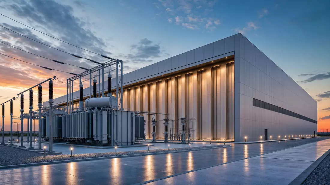 Architektur-Render einer modernen Umrichterstation mit Transformatoren bei Abenddämmerung