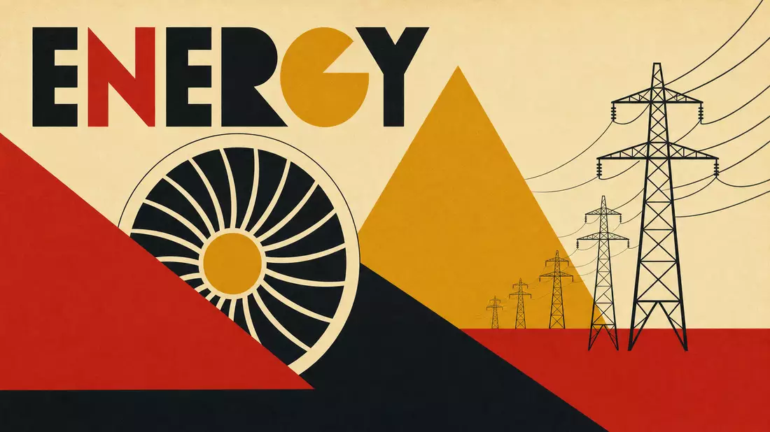 Geometrisches Bauhaus-Poster mit Turbinenrad, Strommasten und dem Schriftzug ENERGY