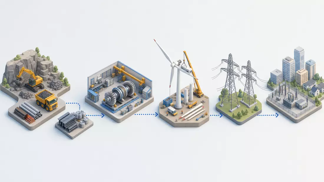 Isometrische 3D-Grafik zeigt Energietechnik-Wertschöpfungskette von Fertigung bis Stromnetz