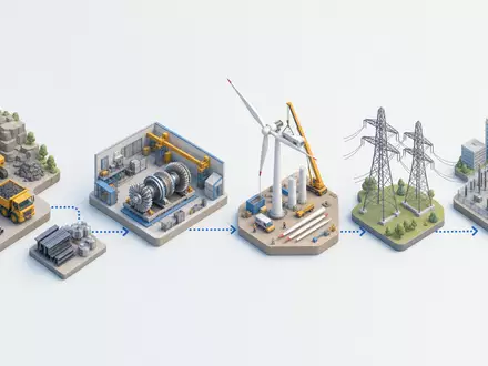 Siemens Energy AG (DE000ENER6Y0) Wertschöpfungskette von Rohstoffgewinnung über Turbinenfertigung bis zum Stromnetz als isometrische 3D-Grafik - Foto: THN