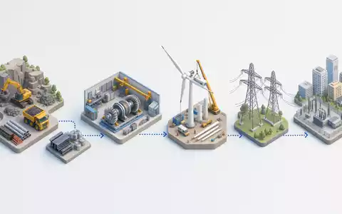 Siemens Energy AG (DE000ENER6Y0) Wertschöpfungskette von Rohstoffgewinnung über Turbinenfertigung bis zum Stromnetz als isometrische 3D-Grafik - Foto: THN
