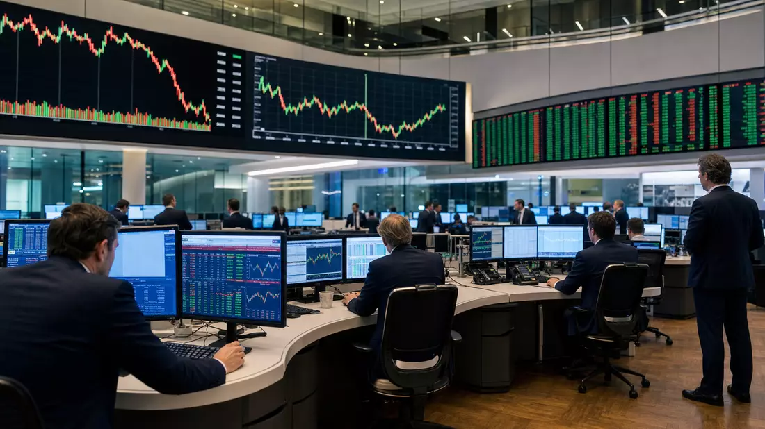 Börsen-Editorialfoto eines Trading-Floors mit Kurscharts und Händlern an Bildschirmen