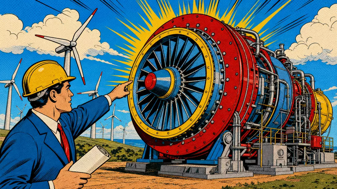 Pop-Art-Comic zeigt Ingenieur der auf eine bunte Gasturbine vor Windrädern zeigt