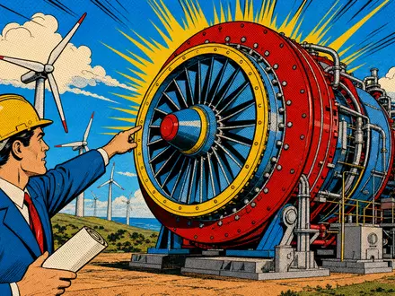 Siemens Energy AG (DE000ENER6Y0) Energietechnik als farbenfrohe Pop-Art-Comic-Szene mit Ingenieur und großer Gasturbine dargestellt - Foto: THN
