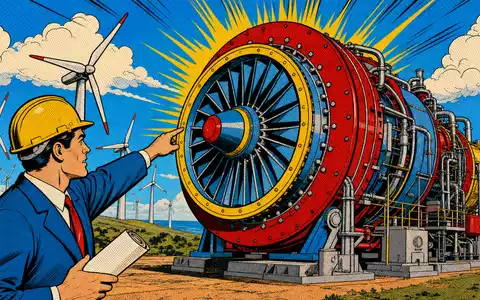 Siemens Energy AG (DE000ENER6Y0) Energietechnik als farbenfrohe Pop-Art-Comic-Szene mit Ingenieur und großer Gasturbine dargestellt - Foto: THN