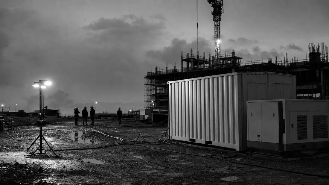 Schwarzweiß-Reportagefoto eines Baustellen-Containers mit Brennstoffzelle bei Nacht