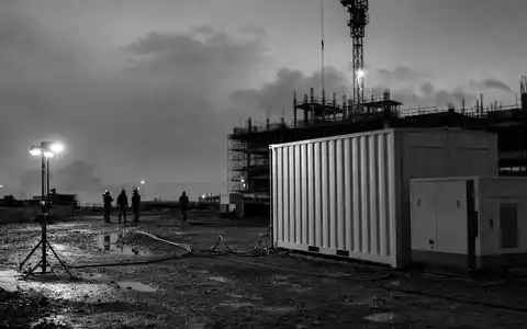 SFC Energy AG DE0007568578 dokumentiert einen Baustellen-Container mit Brennstoffzelle in dramatischer Schwarzweiß-Reportage bei Nacht - Foto: THN