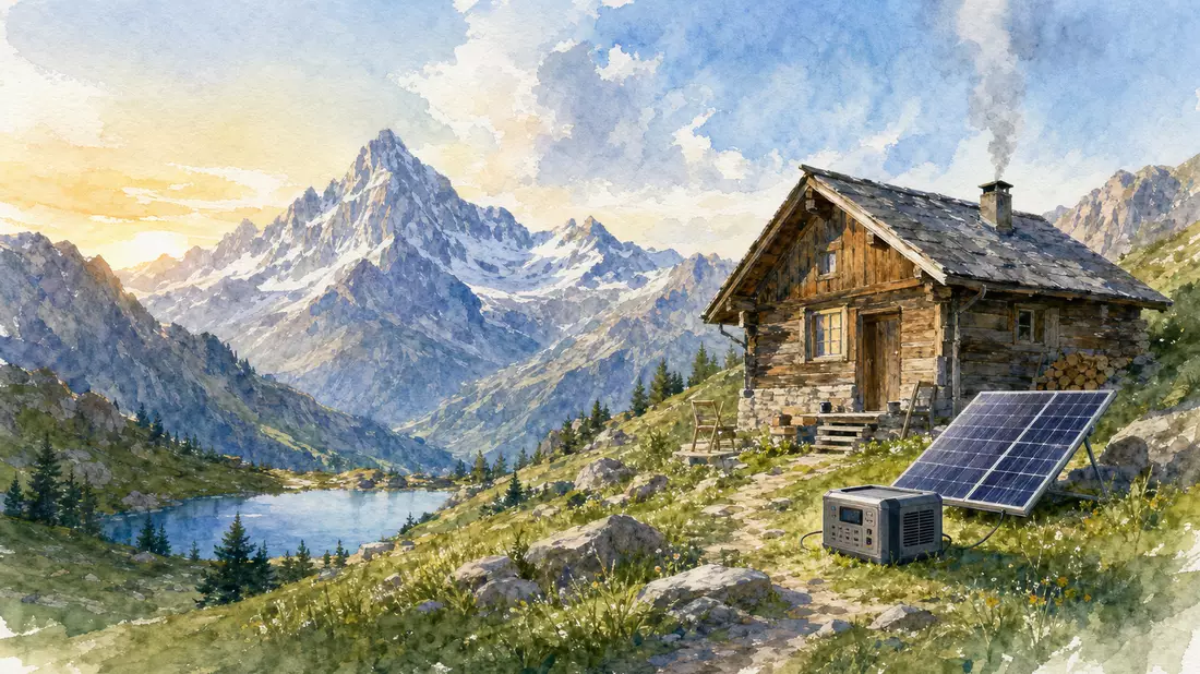Aquarellmalerei einer Berghütte mit Off-Grid-Stromversorgung und Solarpanel