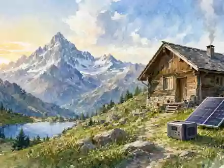 SFC Energy AG DE0007568578 präsentiert eine Aquarell-Landschaft mit Off-Grid-Stromversorgung an einer einsamen Berghütte - Foto: THN