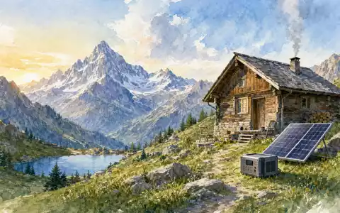 SFC Energy AG DE0007568578 präsentiert eine Aquarell-Landschaft mit Off-Grid-Stromversorgung an einer einsamen Berghütte - Foto: THN