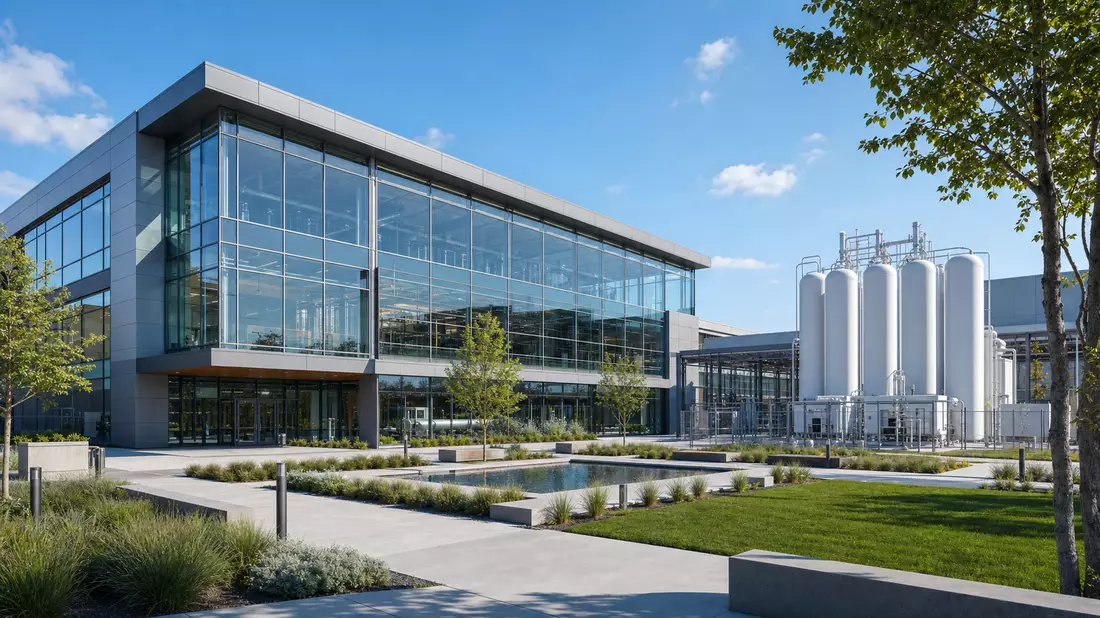 Architektur-Render eines modernen Technologiegebäudes mit Wasserstoff-Speicherzylindern
