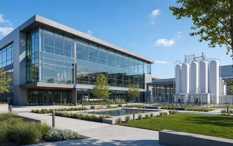 SFC Energy AG DE0007568578 zeigt Architektur-Render einer Anlage mit Wasserstoff-Speicherzylindern und Glasfassade - Foto: THN