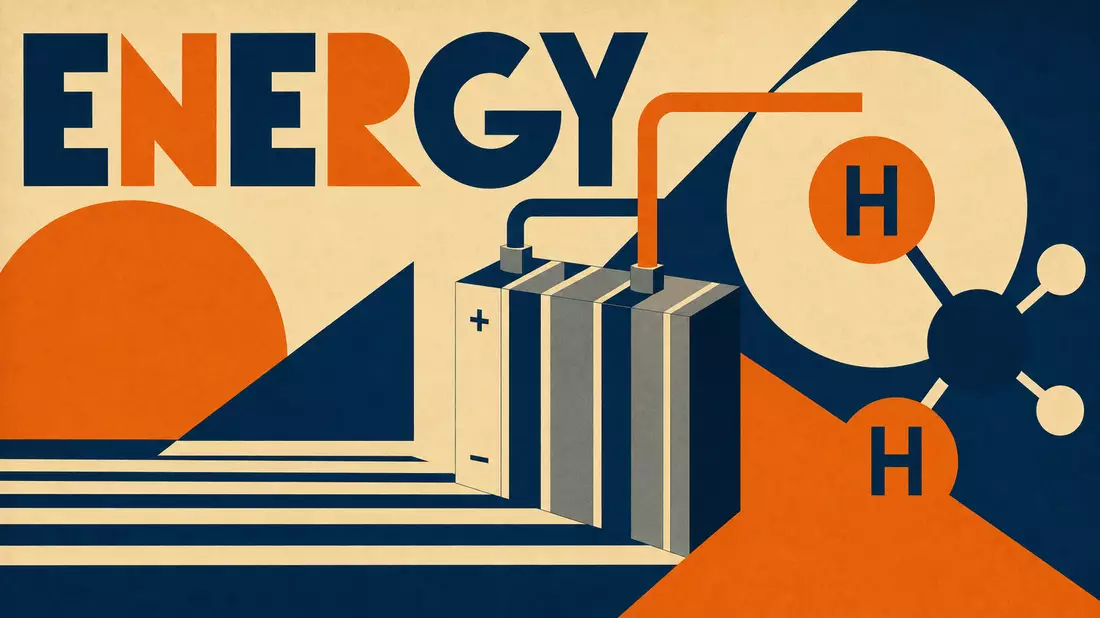Bauhaus-Poster mit geometrischen Formen und Wasserstoffmolekül-Motiv in Orange und Blau