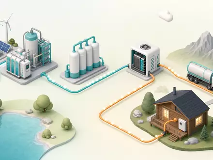 SFC Energy AG DE0007568578 isometrisches Diagramm zeigt Wasserstoff-Ökosystem von Produktion bis Verbrauch - Foto: THN