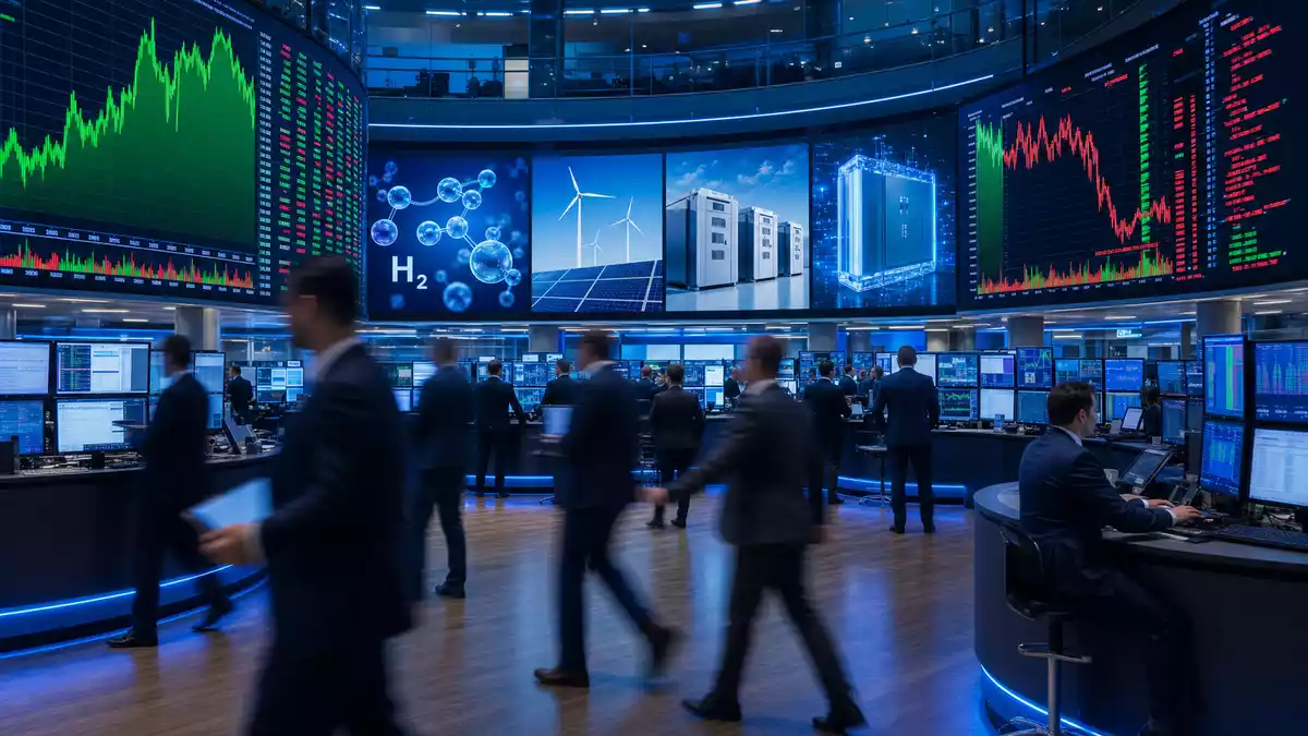 Editorial-Foto eines Trading-Floors mit Wasserstoff- und Energiesektor-Charts auf Bildschirmen