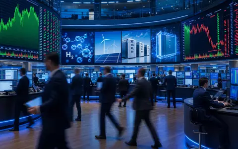 SFC Energy AG DE0007568578 Börsen-Editorial zeigt einen belebten Trading-Floor mit Wasserstoff- und Energiesektor-Charts - Foto: THN