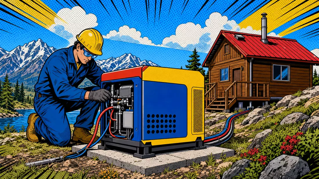 Pop-Art-Comic-Illustration eines Technikers bei der Installation einer Brennstoffzelle