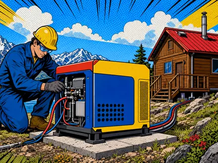 SFC Energy AG DE0007568578 Pop-Art-Comic zeigt Techniker bei Installation einer Brennstoffzelle am Berghang - Foto: THN