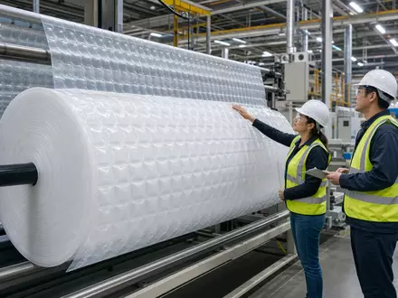 Sealed Air Corp. (US81211K1007) zeigt eine Fabrikhalle mit riesiger Rolle industrieller Luftpolsterfolie und Mitarbeitern - Foto: THN