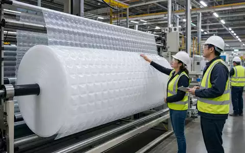 Sealed Air Corp. (US81211K1007) zeigt eine Fabrikhalle mit riesiger Rolle industrieller Luftpolsterfolie und Mitarbeitern - Foto: THN