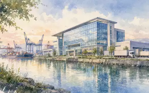 Sealed Air Corp. (US81211K1007) als Aquarellmalerei: modernes Verpackungswerk mit Glasfassade am Fluss samt Frachtschiff - Foto: THN