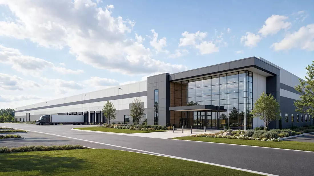 3D-Architekturvisualisierung einer modernen Verpackungsfabrik mit Glaseingang und Lastwagen an Laderampe