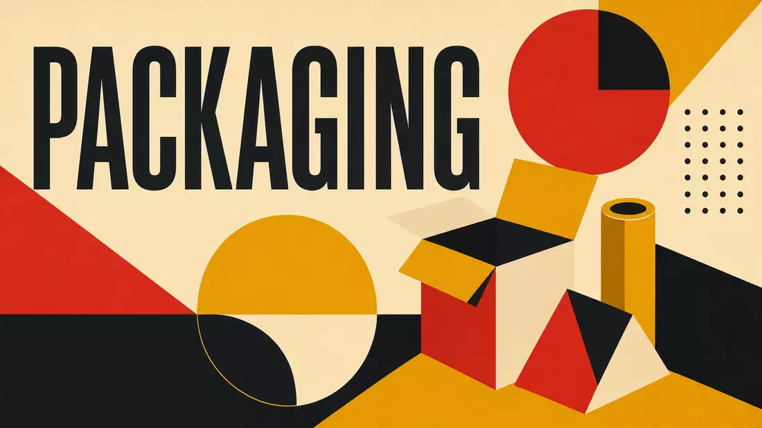 Bauhaus-Poster mit geometrischen Formen, Kartons und dem Schriftzug PACKAGING in Rot Schwarz Gelb
