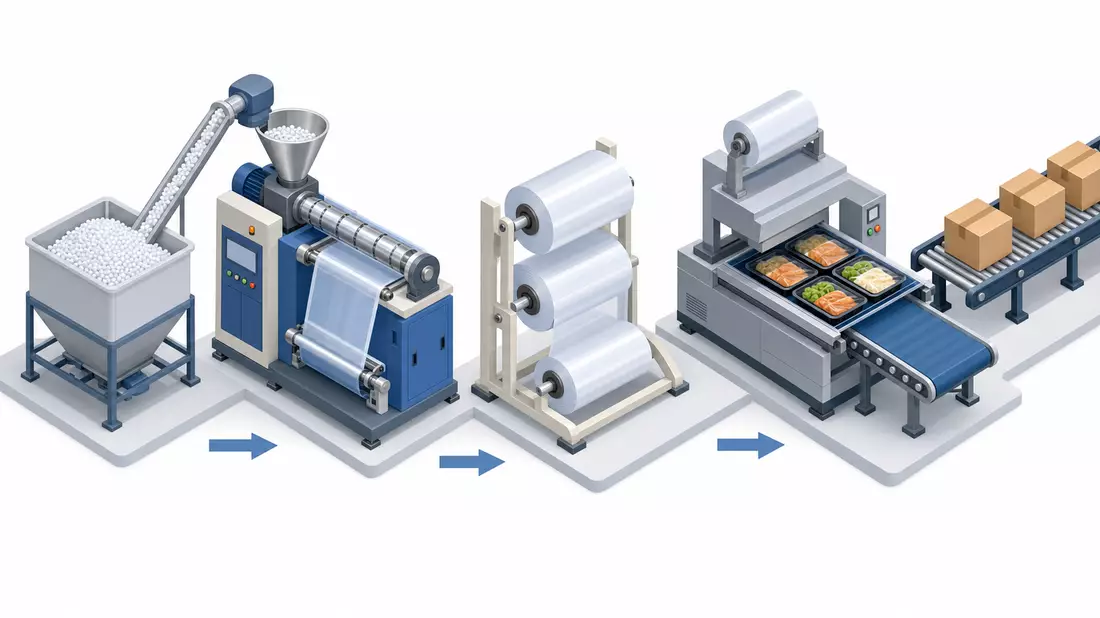 Isometrisches 3D-Diagramm zeigt Verpackungsprozess von Kunststoffgranulat bis versandfertigen Kartons