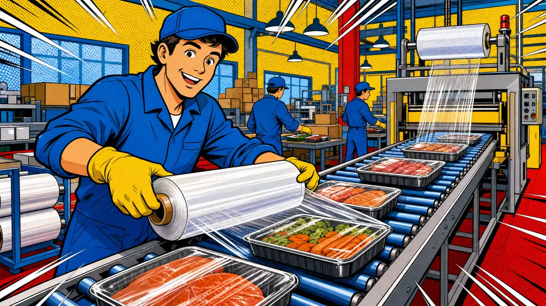 Pop-Art-Comicszene eines Arbeiters, der Lebensmitteltabletts mit Folie am Fließband verpackt