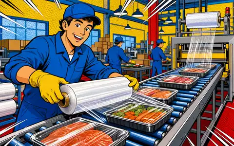 Sealed Air Corp. (US81211K1007) als Pop-Art-Comic: fröhlicher Arbeiter verpackt Lebensmitteltabletts mit Folie am Fließband - Foto: THN
