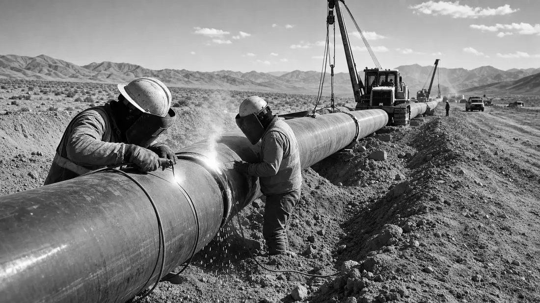 Schwarzweiß-Reportage von Arbeitern beim Schweißen einer Erdgas-Pipeline in der Wüste