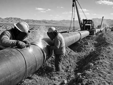 Schwarzweiße dokumentarische Reportage-Aufnahme zeigt Pipeline-Bauarbeiter beim Schweißen, passend zu Sempra Aktie ISIN US8168511090 - Foto: THN