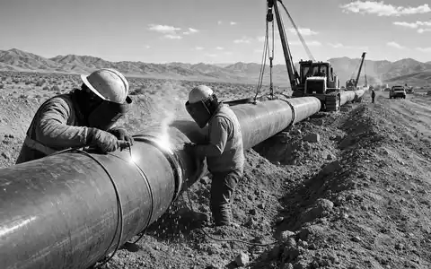 Schwarzweiße dokumentarische Reportage-Aufnahme zeigt Pipeline-Bauarbeiter beim Schweißen, passend zu Sempra Aktie ISIN US8168511090 - Foto: THN