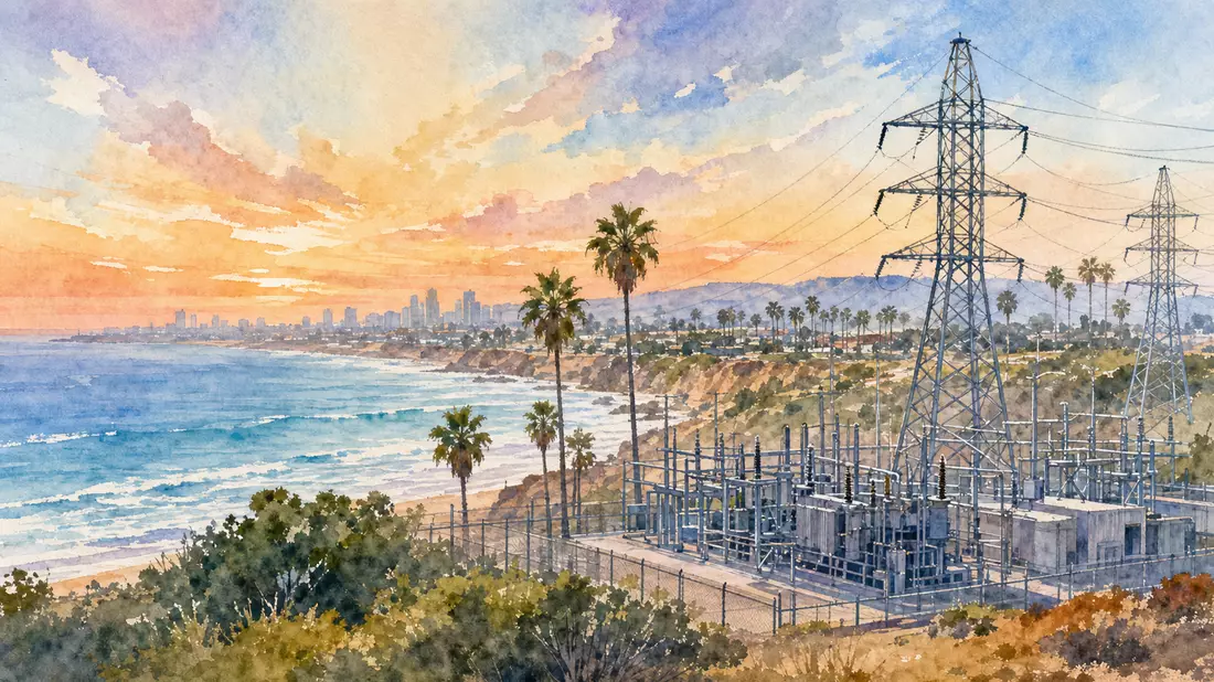 Aquarellbild von Umspannwerk und Palmen an der Pazifikküste bei Sonnenuntergang