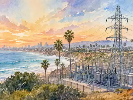 Aquarellmalerei der Küste San Diegos mit Umspannwerk illustriert Geschäftsgebiet von Sempra ISIN US8168511090 - Foto: THN