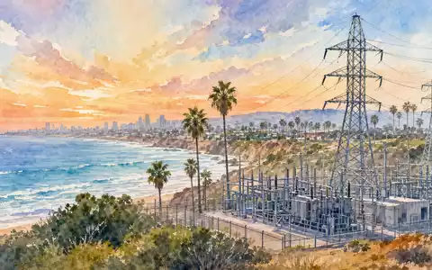 Aquarellmalerei der Küste San Diegos mit Umspannwerk illustriert Geschäftsgebiet von Sempra ISIN US8168511090 - Foto: THN