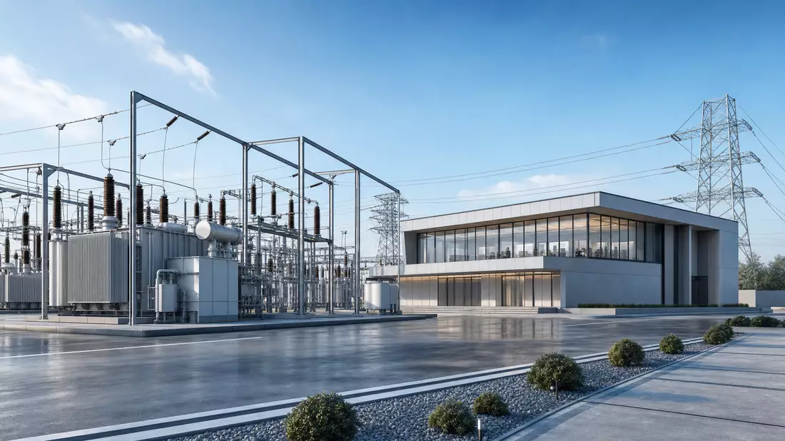3D-Render eines modernen Umspannwerks mit Transformatoren und Freileitungsmasten