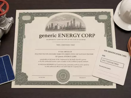 Flatlay mit Aktienzertifikat und ISIN-Karte neben Pipeline-Ventil symbolisiert Investment in Sempra ISIN US8168511090 - Foto: THN