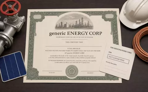 Flatlay mit Aktienzertifikat und ISIN-Karte neben Pipeline-Ventil symbolisiert Investment in Sempra ISIN US8168511090 - Foto: THN
