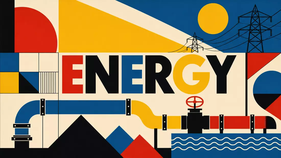 Bauhaus-Poster mit geometrischen Formen, Pipeline-Symbolen und dem Wort ENERGY