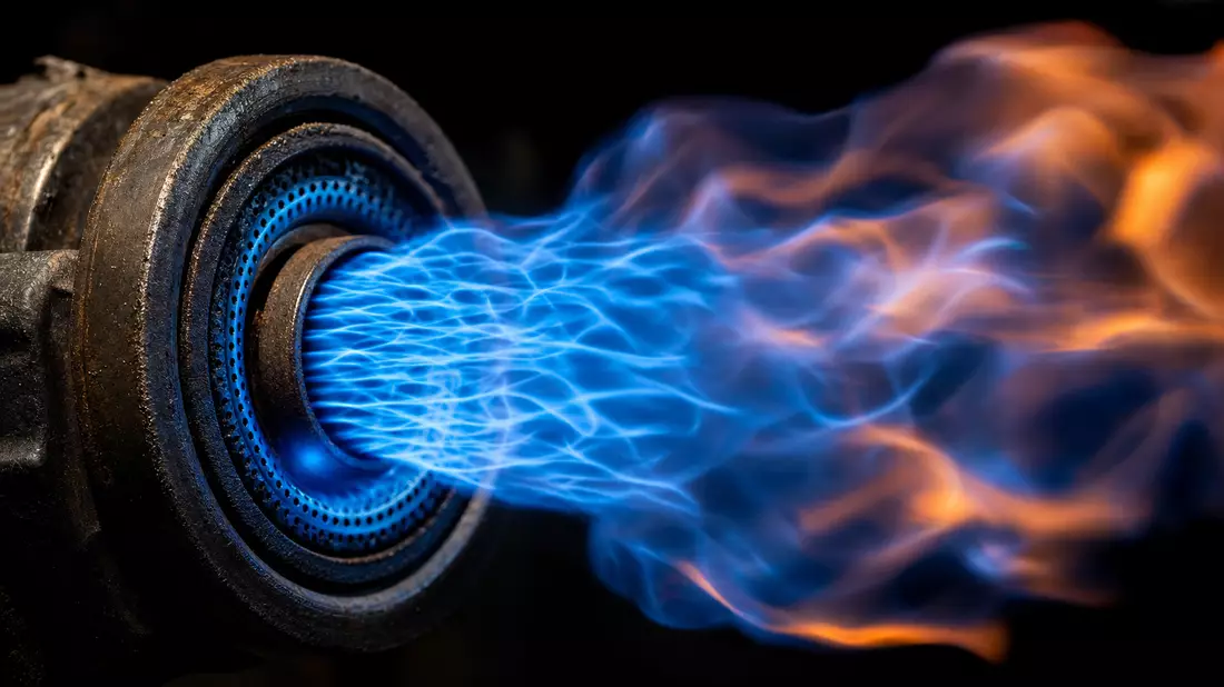 Extreme Nahaufnahme einer blauen und orangen Gasflamme an einem Brenner