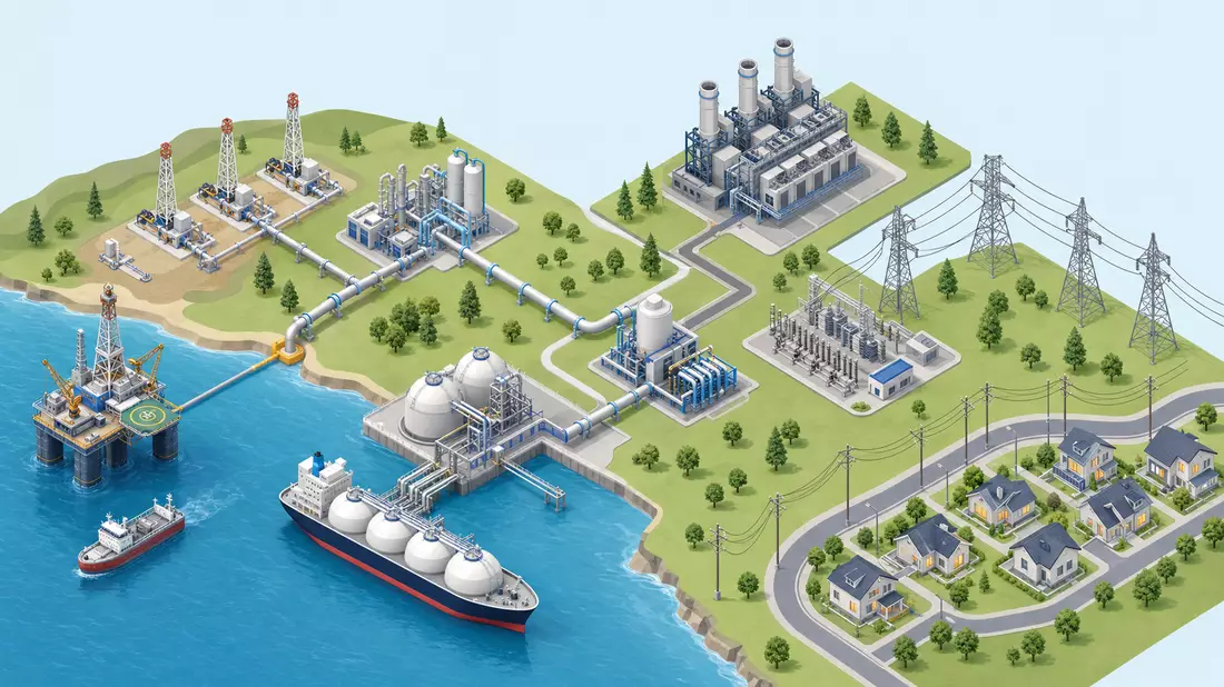 Isometrische Darstellung von Gasförderung, Pipeline, LNG-Terminal und Stromnetz