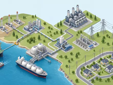 Isometrische 3D-Grafik der gesamten Energie-Wertschöpfungskette bildet das Geschäftsmodell des Versorgers Sempra ISIN US8168511090 ab - Foto: THN